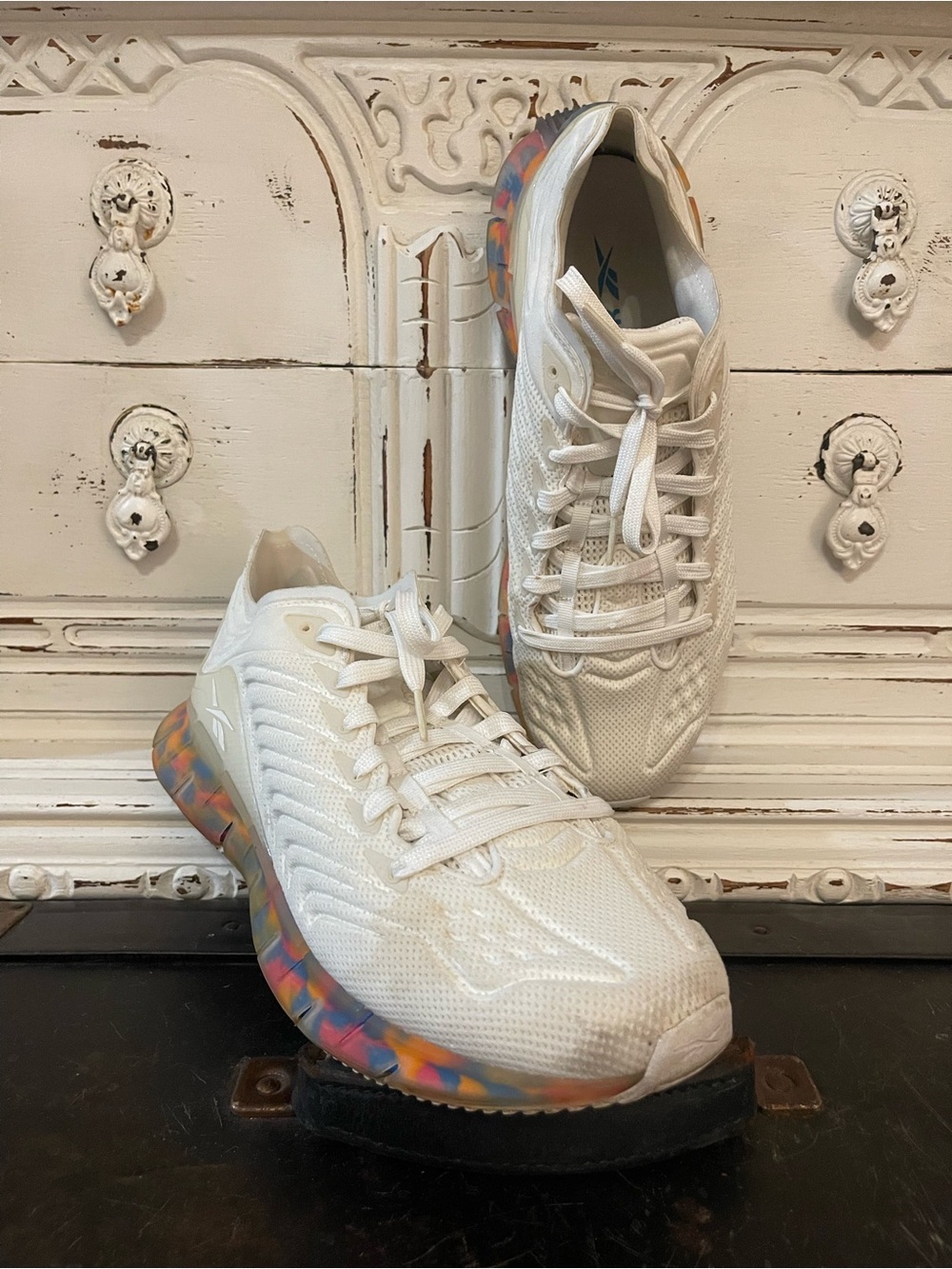 Reebok White Men’s Athletic Sneakers with Multicolor Marbled Sole